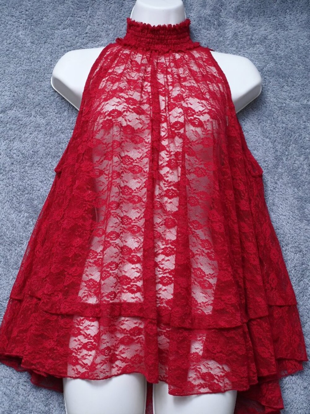 Free People Myrna Lace Floral Mock Neck Sheer Women's Tunic Top Red XS